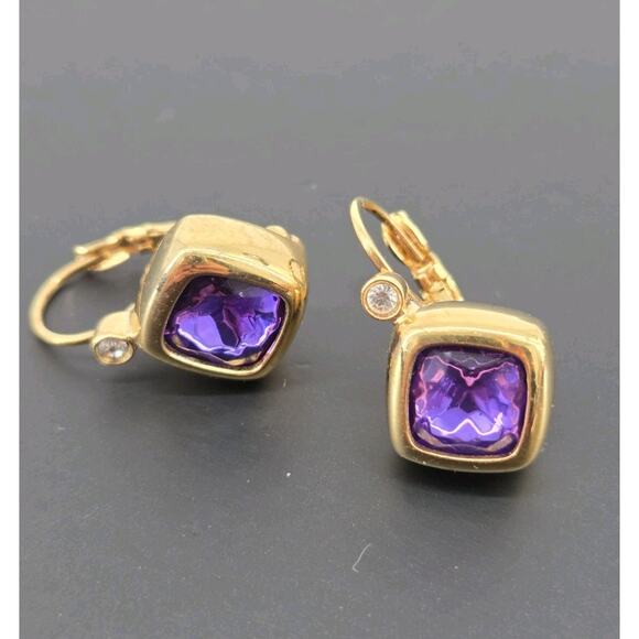 Vintage 90s Joan Rivers Purple Crystal Square Bezel Leverback Earrings - Picture 3 of 11